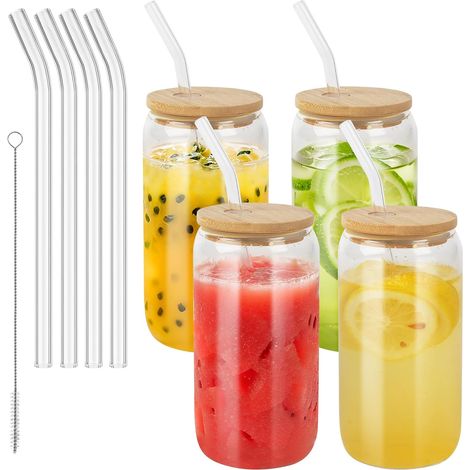 4 X Trinkgläser Mit Bambusdeckeln Und Glasstrohhalmen, 500 Ml Can-glas Mit Deckel Und Strohhalm, Für Eiskaffee, Cocktails, Smoothies