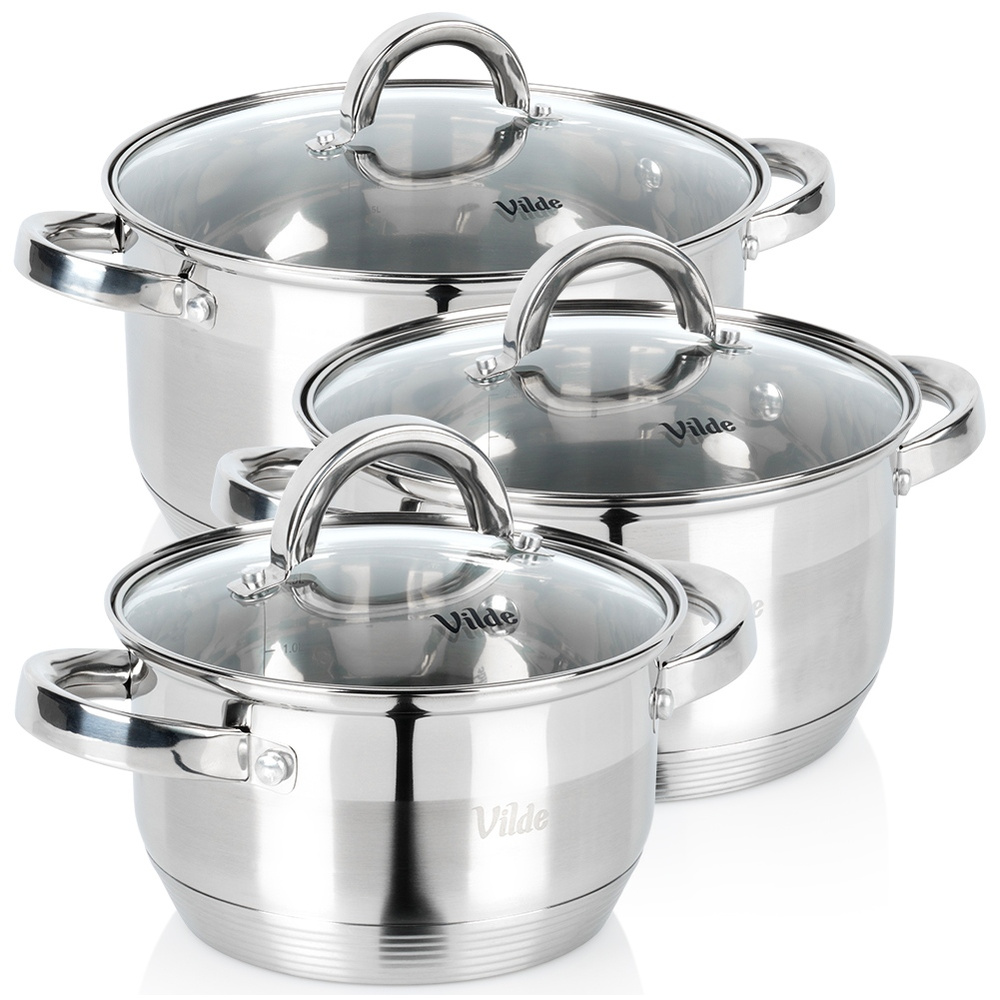 Set Aus 3 Edelstahl-töpfen Mit Glasdeckeln.