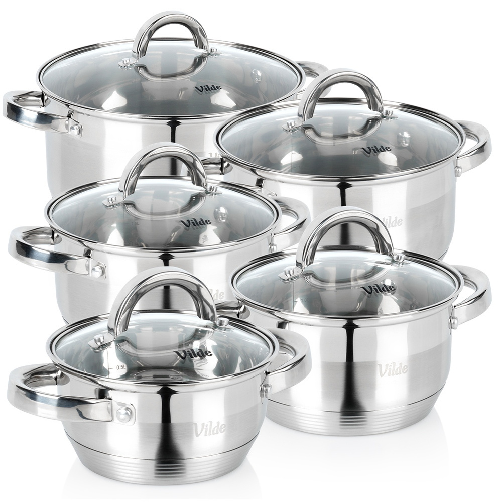 Set Aus Edelstahltöpfen Mit Glasdeckeln, 1 / 1,75 / 2,5 / 3,4 / 5,8 L, 5 Stück.