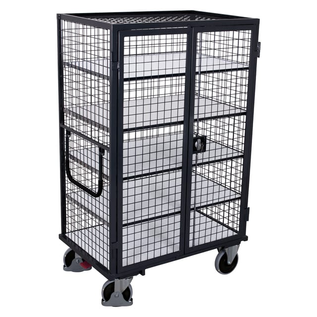 VARIOfit ESD Etagenwagen, vergittert mit Flügeltür, Schiebebügel und 5 Ladeflächen 1245x785mm