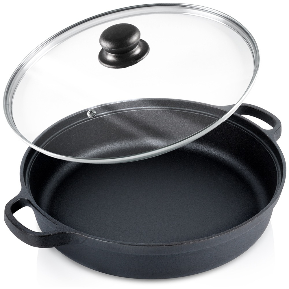 Tiefe Gusseiserne Bratpfanne Mit Glasdeckel, Gusseisen, 30 Cm, 3,5 L