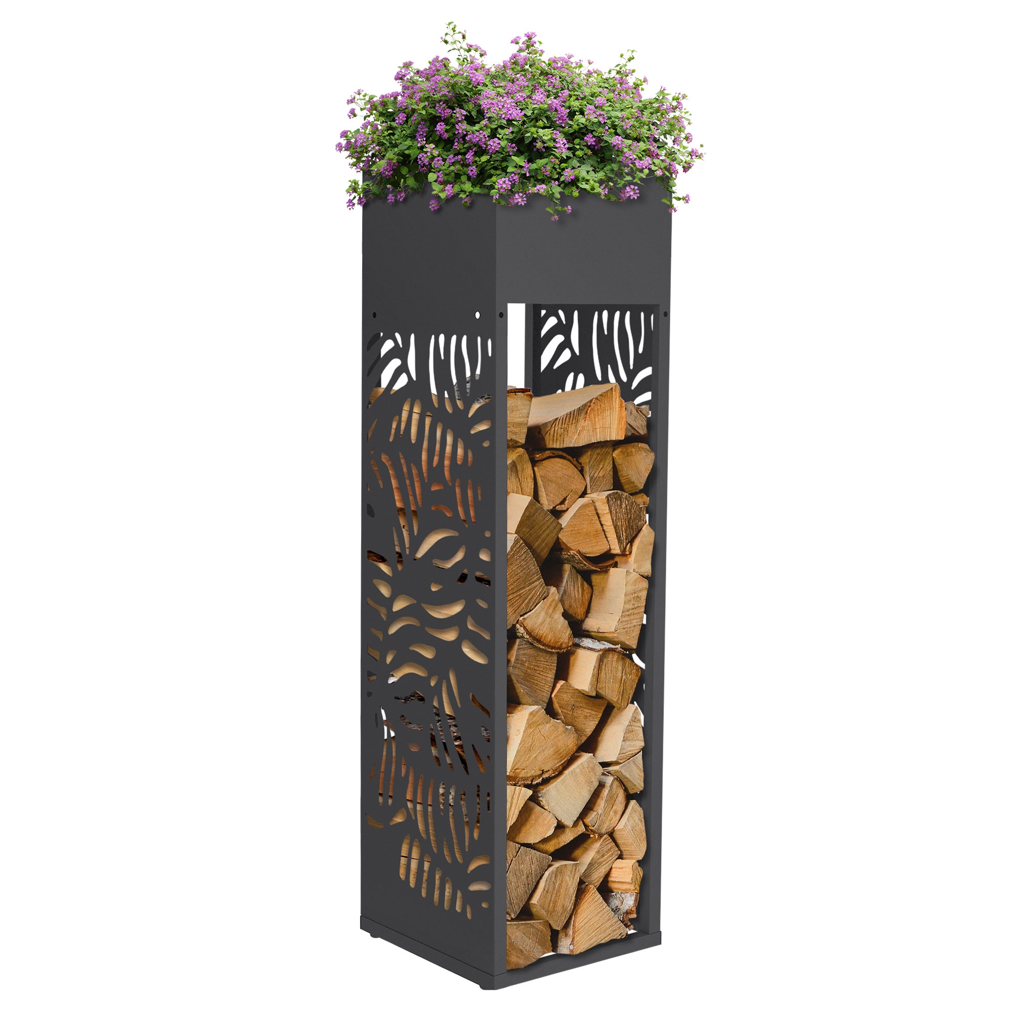 Ml-design Kaminholzregal Innen Außen Metall Brennholzregal Mit Pflanzkasten, Holzstapelhilfe Wetterfest, Säulen-holzlager Aufbewahrung, Erweiterbar, Stahl Verzinkt, Anthrazit 30x30x111 Cm Gitter-motiv
