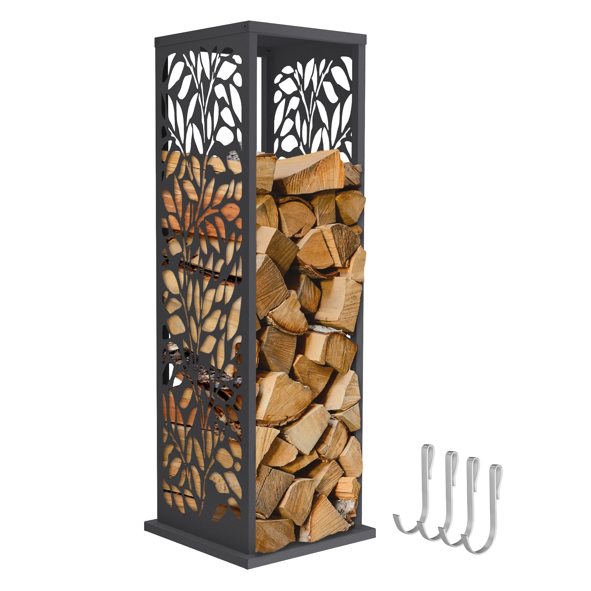 Ml-design Kaminholzregal Innen Außen Brennholzregal Metall 37,5x37,5x112 Cm, Holzstapelhilfe Wetterfest, Säulen-holzlager, Kaminholz Aufbewahrung Mit 4x Haken, Stahl Verzinkt, Anthrazit, Blätter-motiv