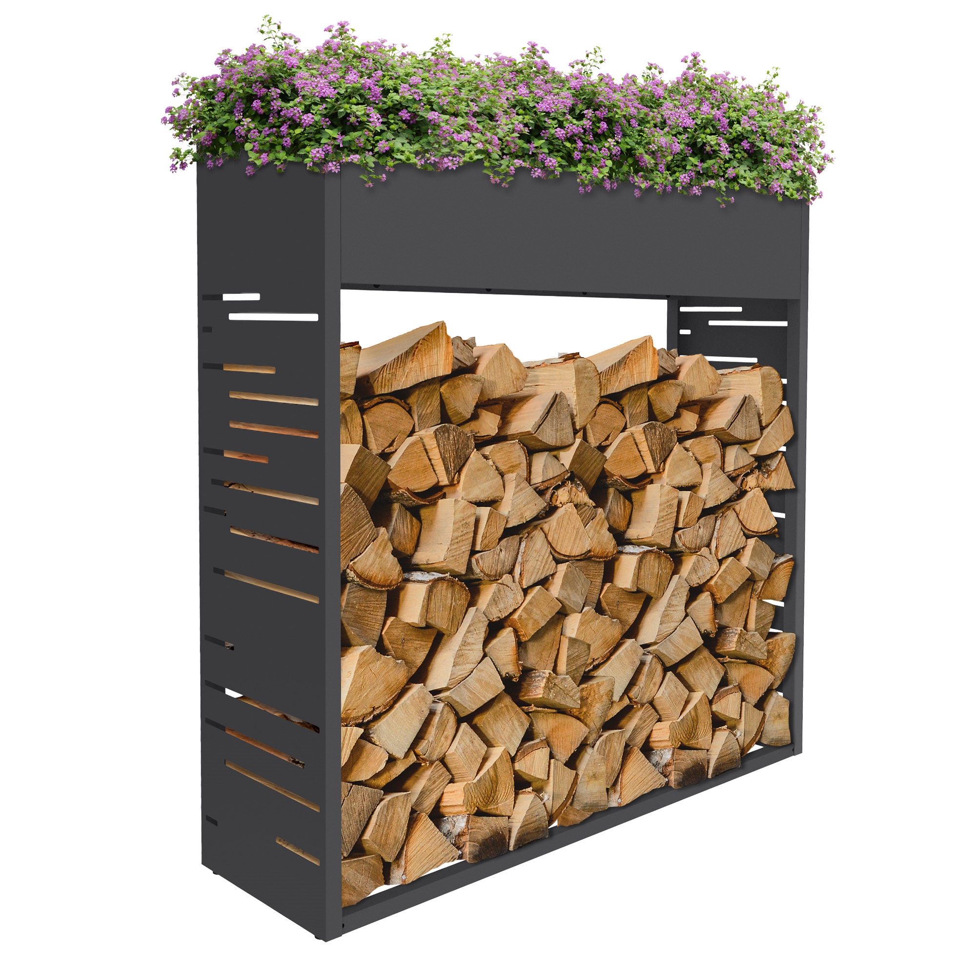 Ml-design Kaminholzregal Innen Außen Mit Pflanzkasten Metall Brennholzregal, Holzstapelhilfe Wetterfest, Großes Holzlager, Kaminholz Aufbewahrung, Holzständer, Stahl Verzinkt, Anthrazit, 112x30x111 Cm
