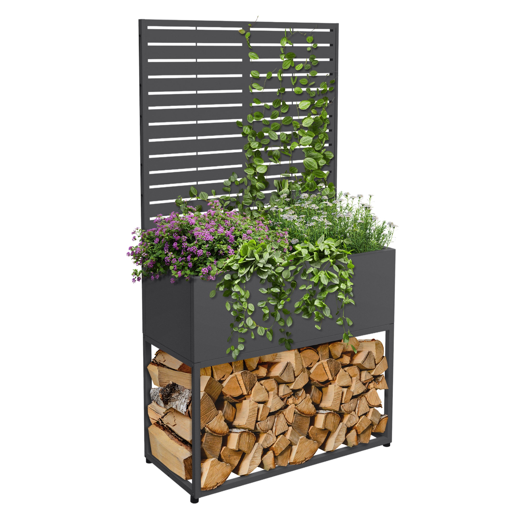 Ml-design Kaminholzregal Innen Außen Brennholzregal Pflanzkasten Rankgitter, Holzstapelhilfe Wetterfest, Metall-holzlager, Kaminholz Aufbewahrung, Holzständer, Stahl Verzinkt, Anthrazit, 90x40x170 Cm