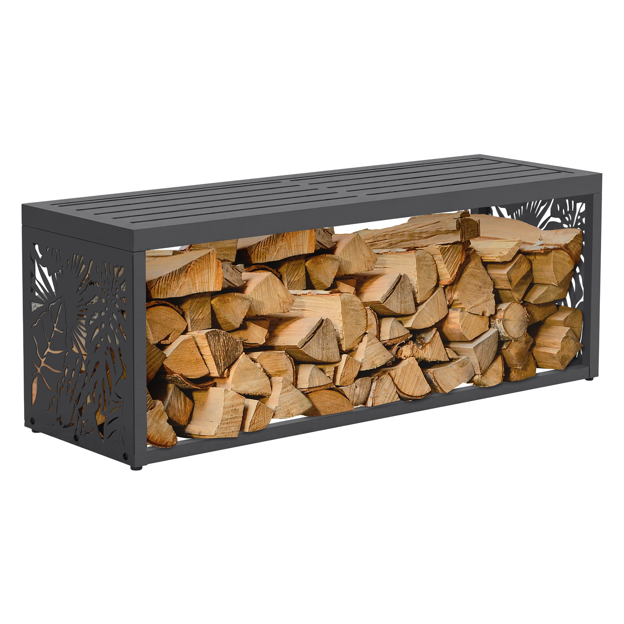Ml-design Kaminholzregal Innen/aussen Mit Sitzbank, Metall Brennholzregal, 2-in-1 Holzlager, Holzstapelhilfe Wetterfest, Holzaufbewahrung Modern, Feuerholzregal, Stahl Verzinkt, Anthrazit 120x38x43 Cm