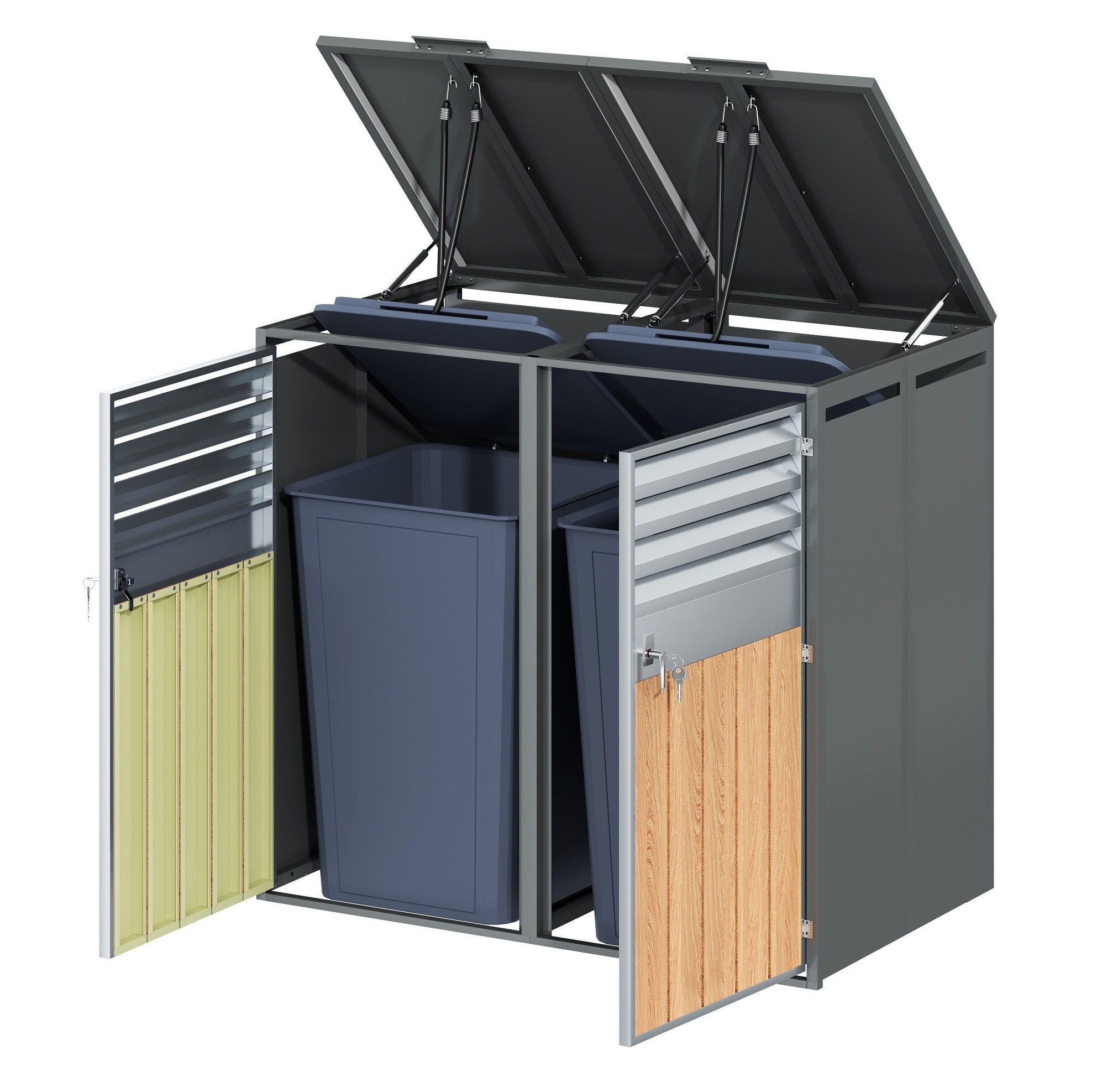 Mülltonnenbox Für 2 Tonnen Aus Verzinktem Stahl Mit Klappdeckeln, Abschließbar, 132 X 80 X 118,5 Cm
