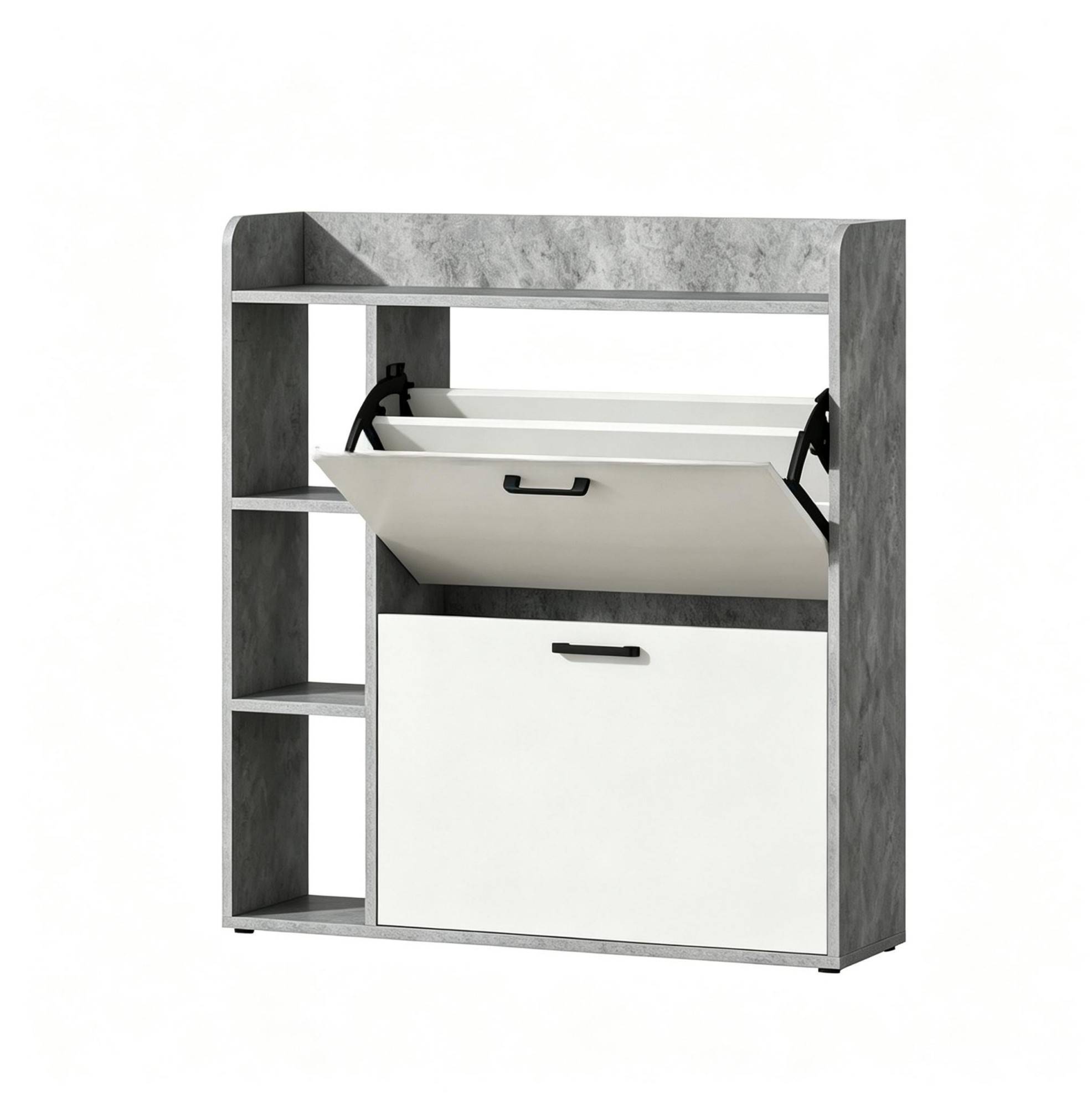 Schuhschrank Mit 2 Klappen Und 3 Offenen Fächern, Grau-weiß, 83 X 24 X 90,5 Cm
