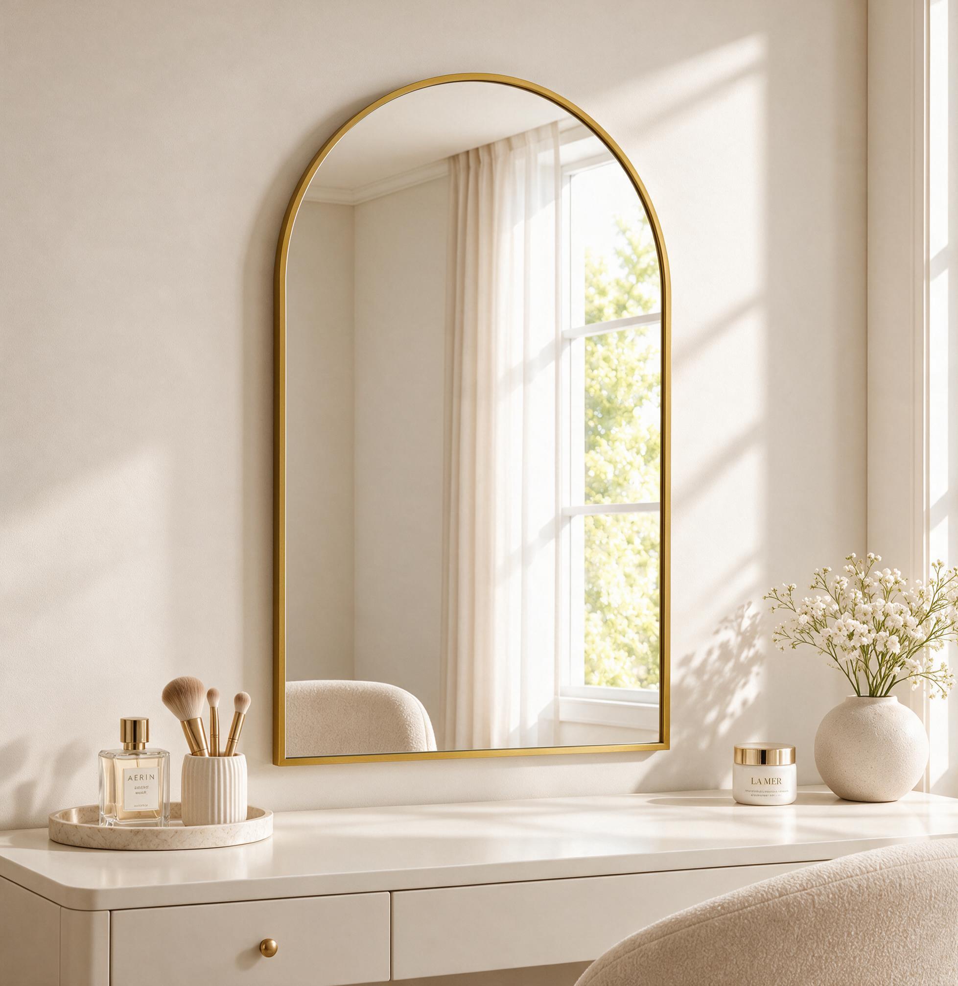 Bogen-wandspiegel 91x61 Cm, Wandspiegel Für Badezimmer, Schlafzimmer Und Wohnzimmer, Bruchfester Verstärkter Aluminiumrahmen, Gehärtetes Glas, Gold