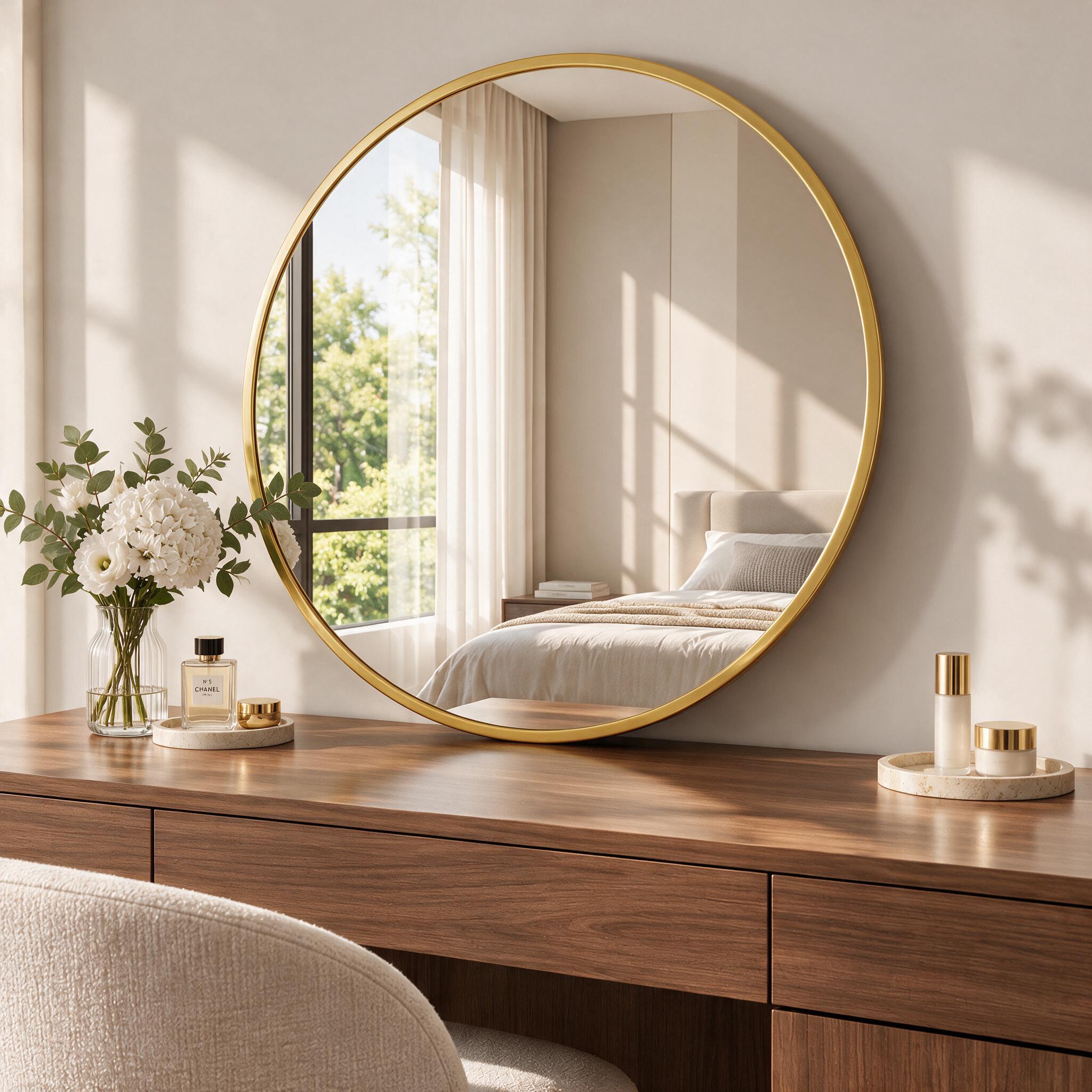 Runder Wandspiegel 75 Cm, Wandspiegel Für Badezimmer, Schlafzimmer Und Wohnzimmer, Bruchfester Verstärkter Aluminiumrahmen, Gehärtetes Glas, Gold