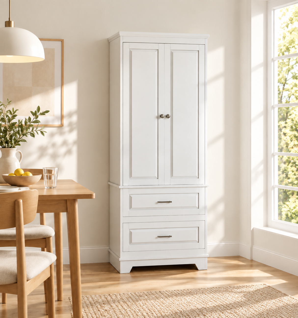 Highboard Hochschrank, 2 Türen 2 Schubladen Mit Verstellbarem Einlegeboden, Kippschutz, Für Badezimmer, Wohnzimmer Und Schlafzimmer, Weiß