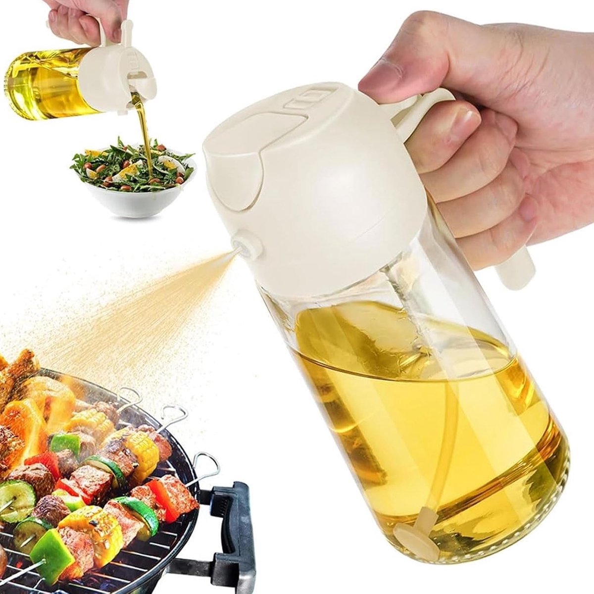 2-in-1 Ölspender – 470-ml-glasflasche Mit Filter – Geeignet Für Salate, Backen Und Grillen – Tropffreies Ausgießen Und Sprühen