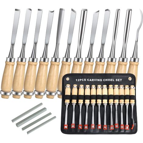 Holzschnitzmesser, 12-teiliges Holzschnitzwerkzeug-set, Schnitzmesser Mit Holzgriff Und Schleifrad Für Einsteiger, Bildhauer, Tischler Und Hobbykünstler (4 Schleifsteine)
