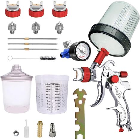 Hvlp-professioneller Spritzpistole Mit 600 Ml, 3 Düsen (1,4 Mm, 1,7 Mm, 2,0 Mm), Luftregler, Einwegbecher 600 Ml Und Farbmischbecher (rot)