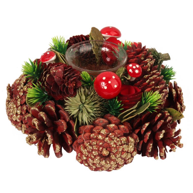 Kerzenständer-kranz Aus Naturzapfen Und Holz, 28 Cm, Mit Glas-kerzenbehälter