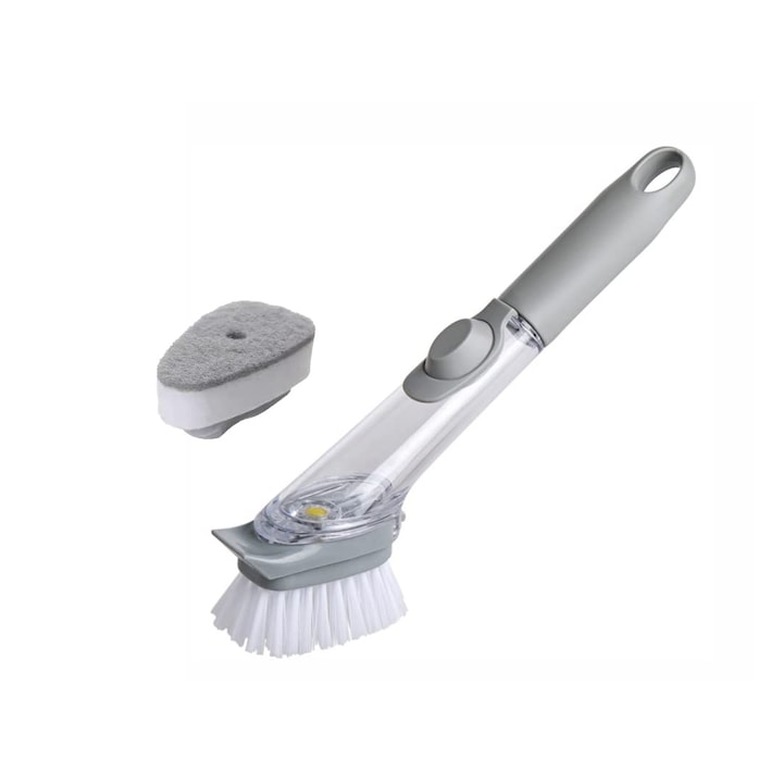 Multifunktionale Spülbürste Mit Integriertem Spülmittelbehälter Und 2 Austauschbaren Bürstenköpfen (1 Bürste Und 1 Schwamm).