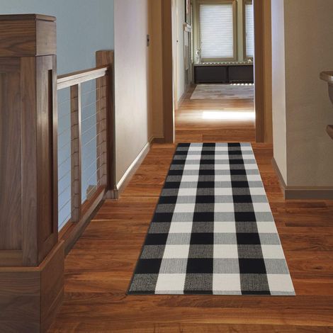 Gekarofter Baumwollteppich Buffalo 60x180cm Buffalo-teppich Flurteppich In Schwarz Und Weiß Waschbarer Küchenteppich