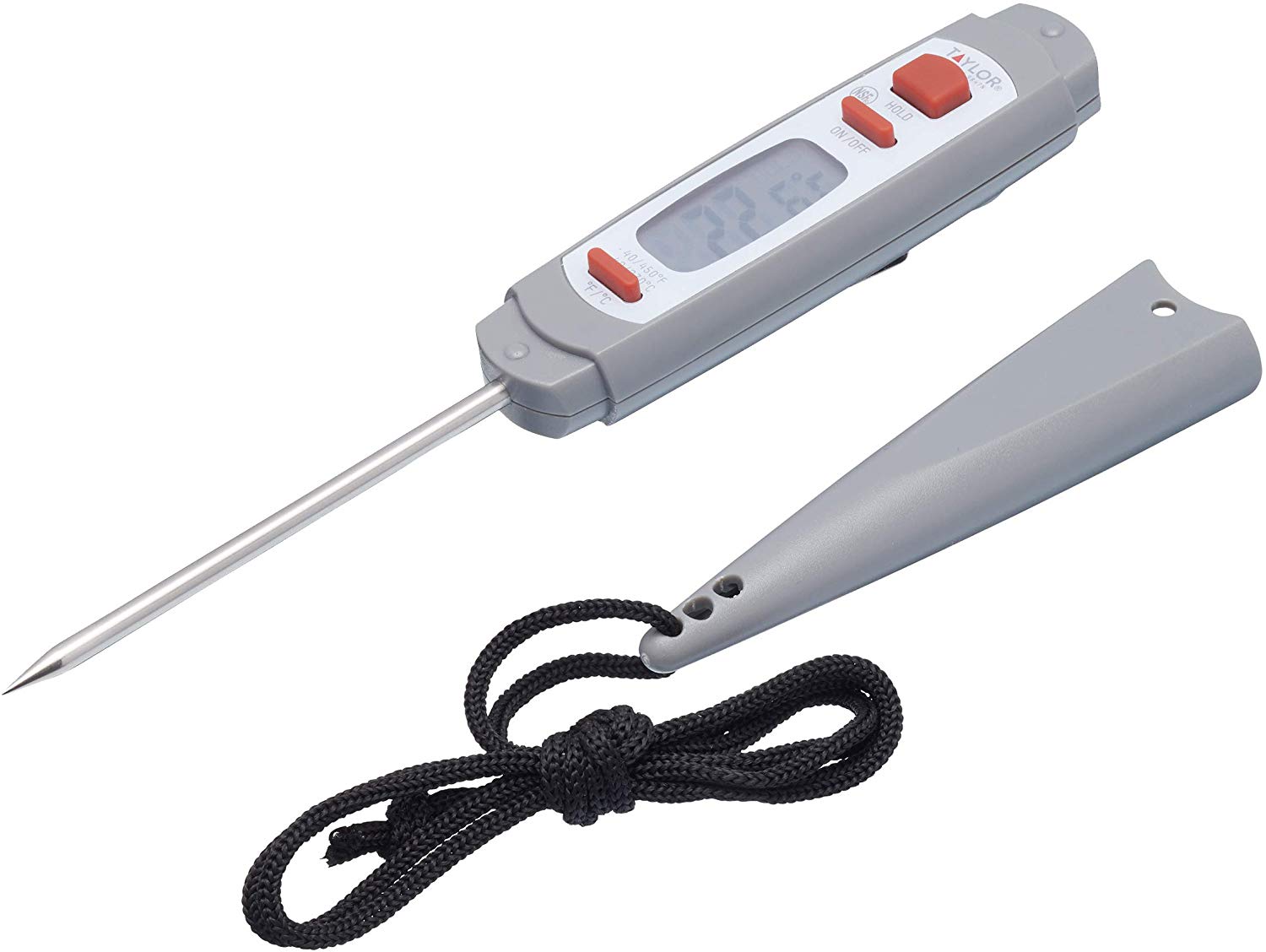 Taylor Pro Digitales Küchenthermometer, Digitalthermometer Mit Sonde Für Fleischtemperatur De, Antimikrobielle Schutzhülle, Inkl. Batterie, Grau, 18 Cm, 1 Stk.