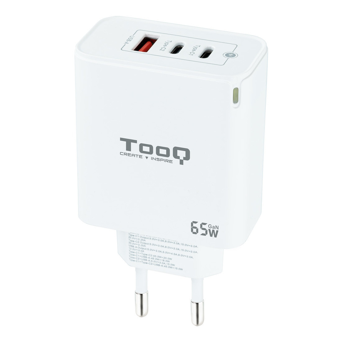 Netzwerk-ladegerät Gan 2xusb-c + Usb-a 65w White Tooq Tqwc-ganqc2pd65wt