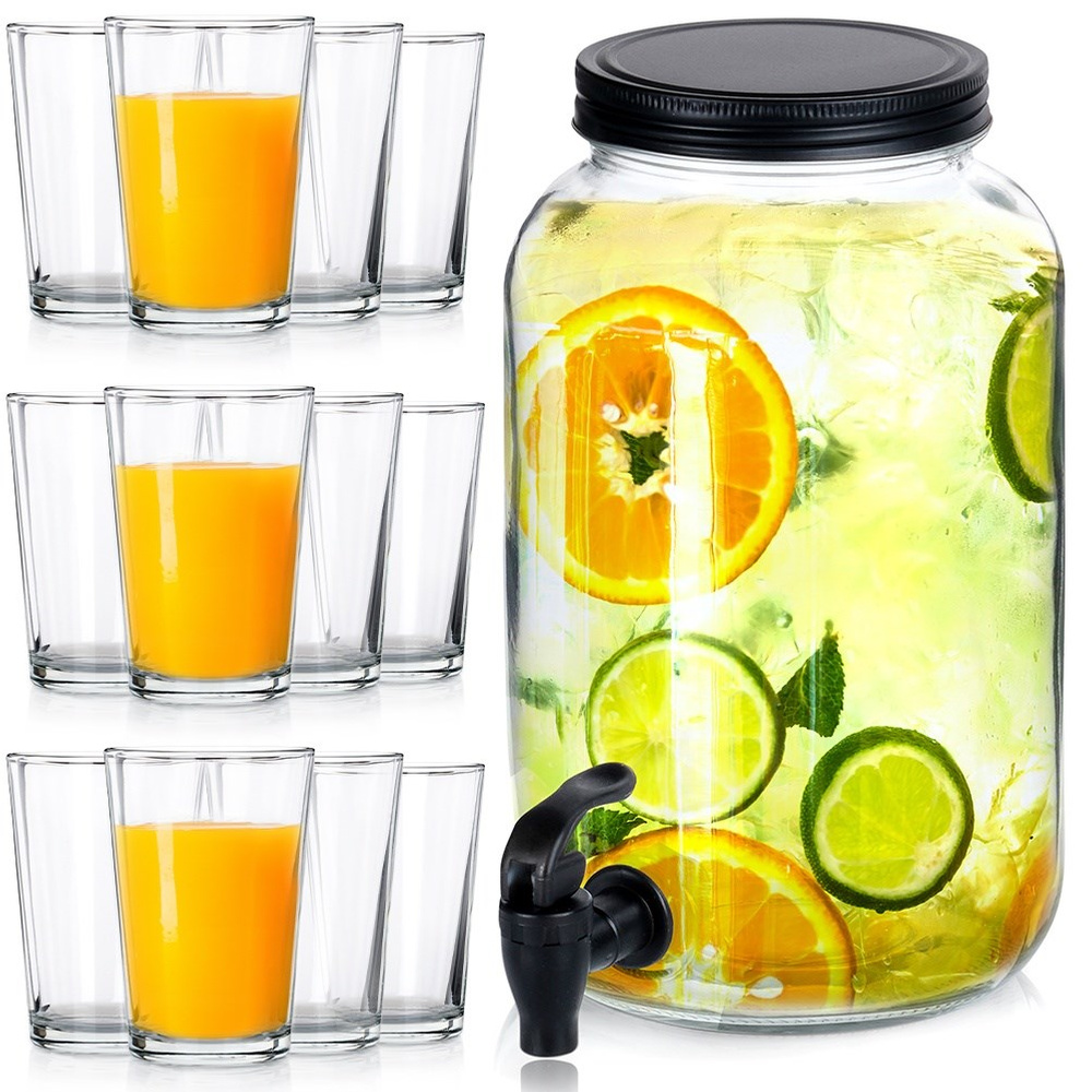 Glas-getränkekrug Mit Zapfhahn 3,2 L + 12 Gläser 200 Ml