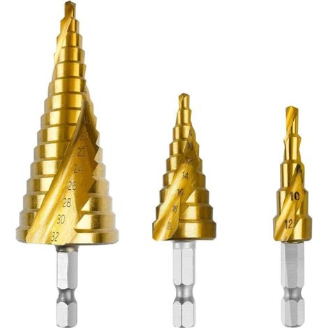 3-teiliger Stufenbohrer, 4–12 Mm/4–20 Mm/4–32 Mm Konusbohrer Aus Hss Mit Titanbeschichtung, Metallstufenbohrer Für Stahl Mit Doppelschlitz, Sechskantschaft Für Holz, Pvc Und Metall