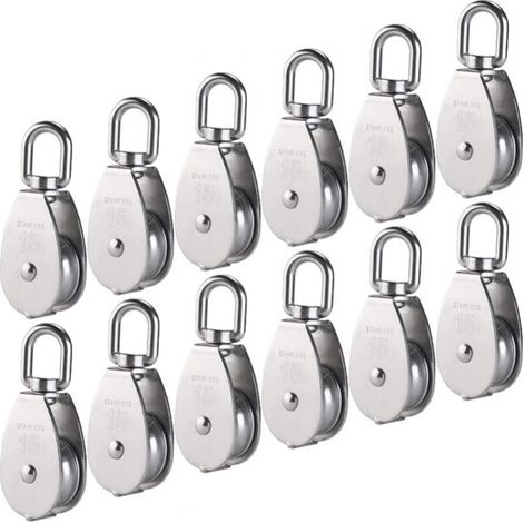 12 Stück M15 Einfache Pulley Aus Edelstahl 304, 15mm Einzelpulley Block Rolle, Kran Drehhaken Glatter Draht Seil Kabel Belastung 77lbs/35kg