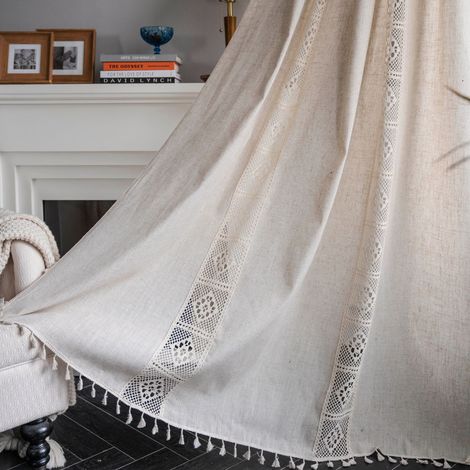 Bohème-stil Baumwoll-leinen-vorhänge, Blickdicht, Beige, 150 X 240 Cm, Hohlring, Aus Polyester Und Leinen