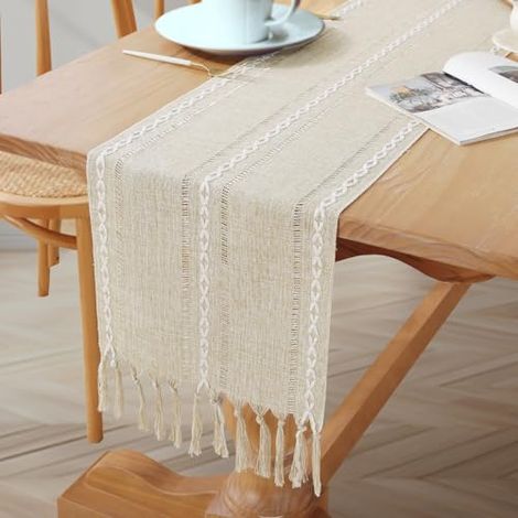 Handgefertigter Beige-creme-leinentischläufer Mit Bommeln, Rustikal-bohemischer Tischdeko, Ideal Für Küche, Esszimmer, Hochzeiten Und Besondere Anlässe, 183 X 33 Cm