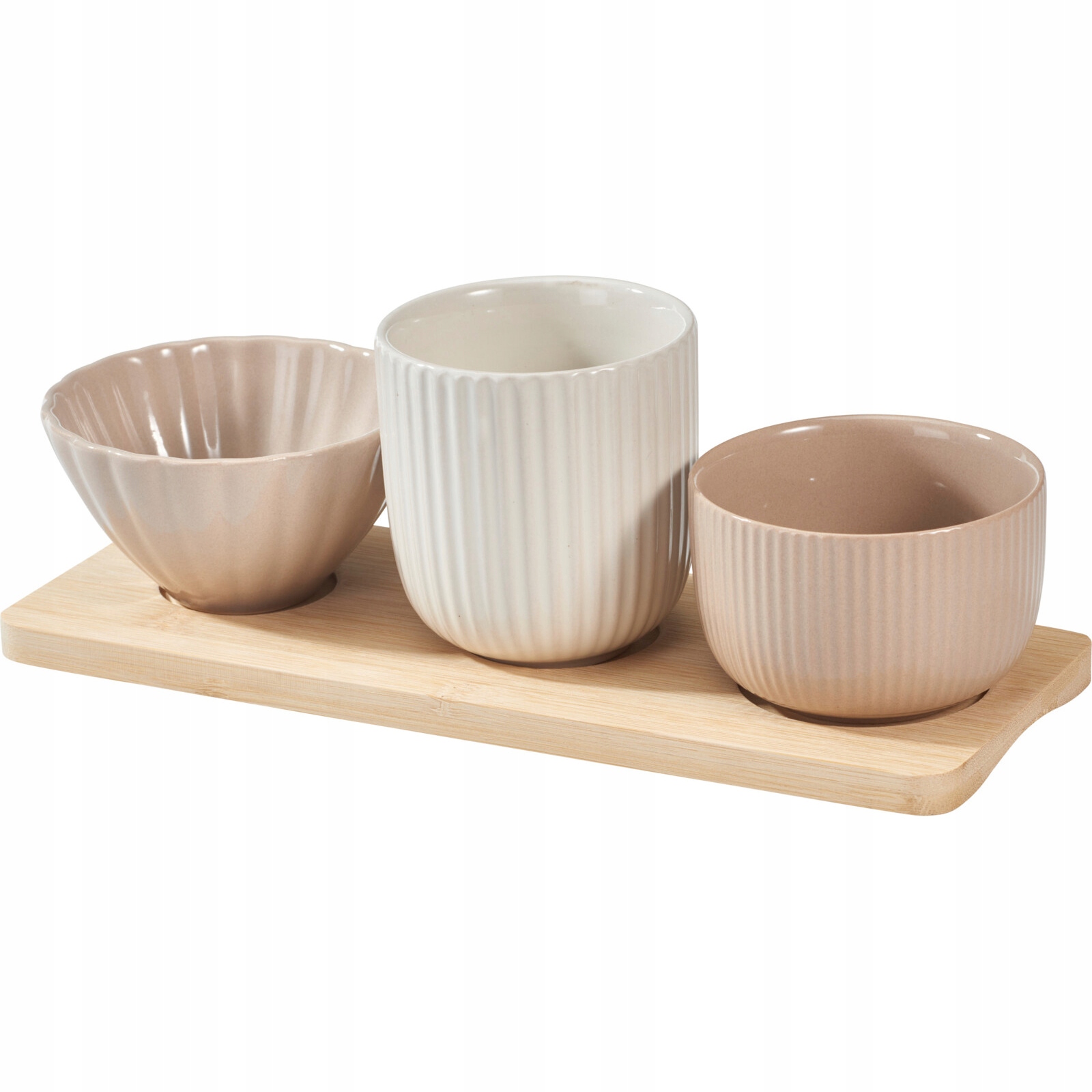 Set Aus 3 Keramik-servierschüsseln Mit Bambustablett