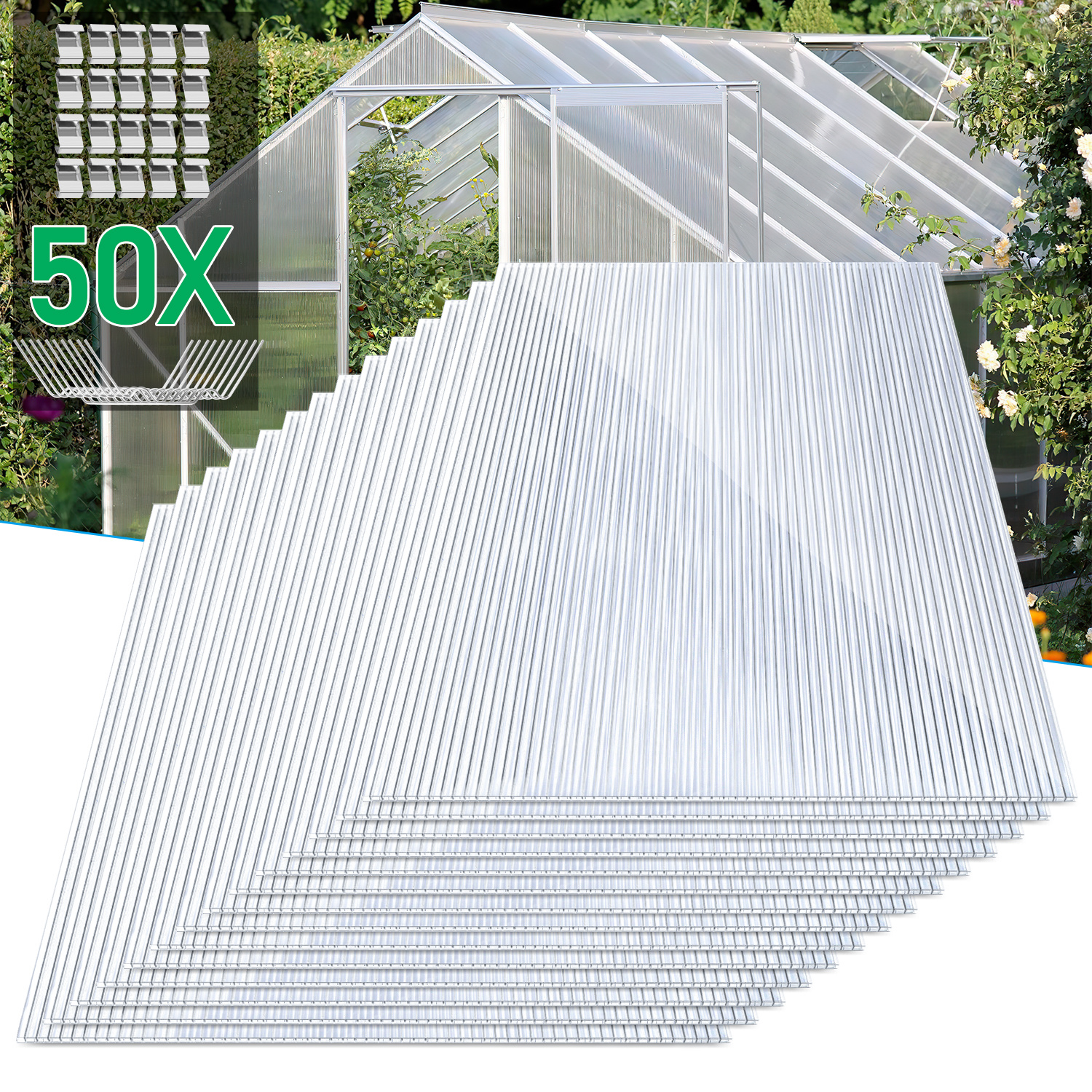 Tolletour 4 Mm Doppelstegplatte Polycarbonat Klar 121 X 60,5 Cm, 14 Stück Für Gewächshaus, Dach & Terrassenüberdachung, Inkl. 50 W-clips & 50 Z-clips Aus 304 Edelstahl