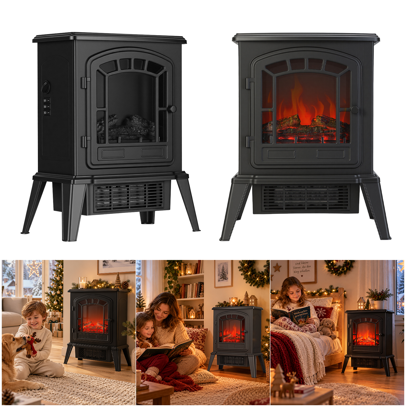 Tolletour Elektrokamin 1800 W Freistehend, 2 Heizstufen, Led-flamme, Schwarz