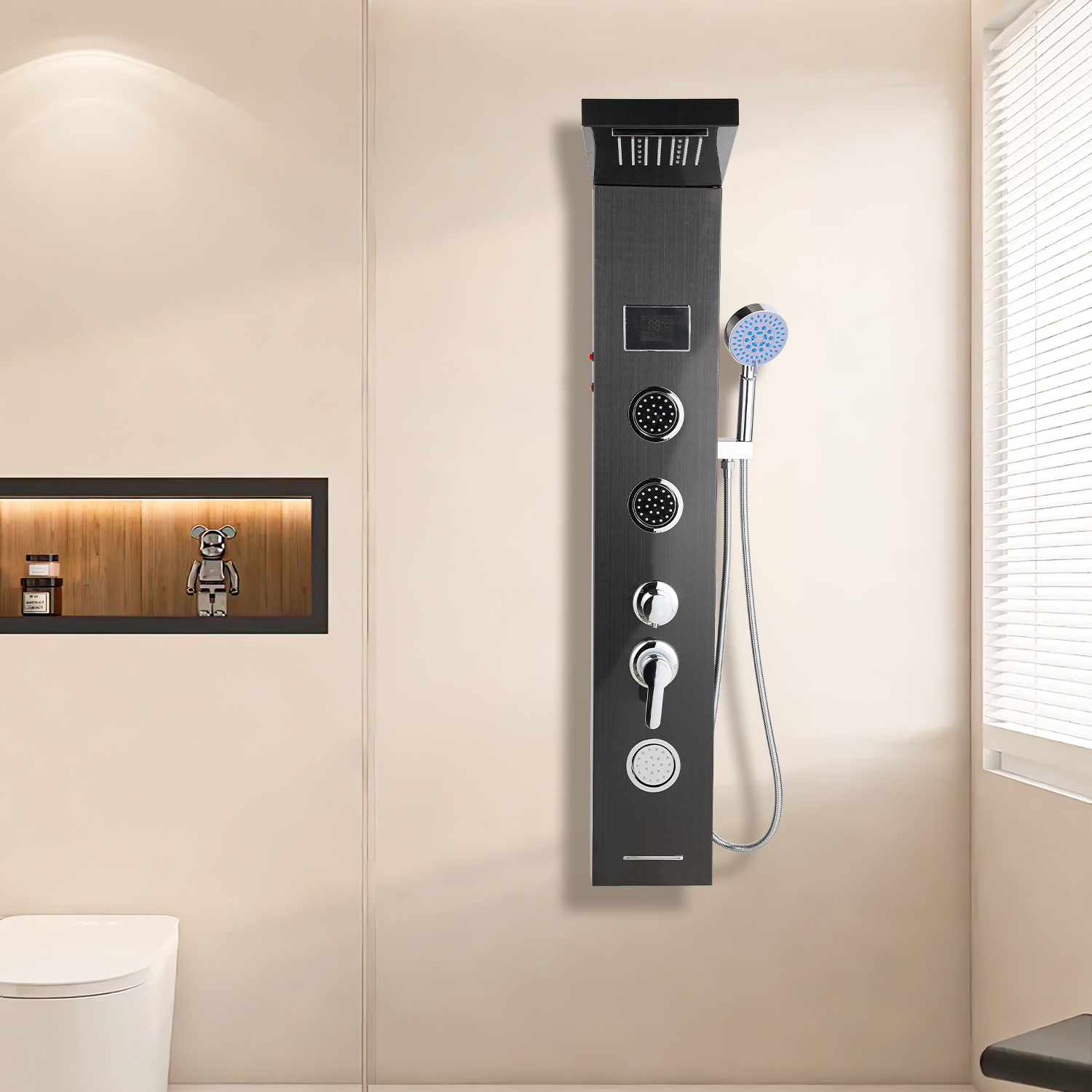 Tolletour Duschpaneel 5 In 1 Aus Edelstahl Schwarz Mit Led-display, Regendusche, Wasserfall, Massage, Wanneneinlauf Und Handbrause