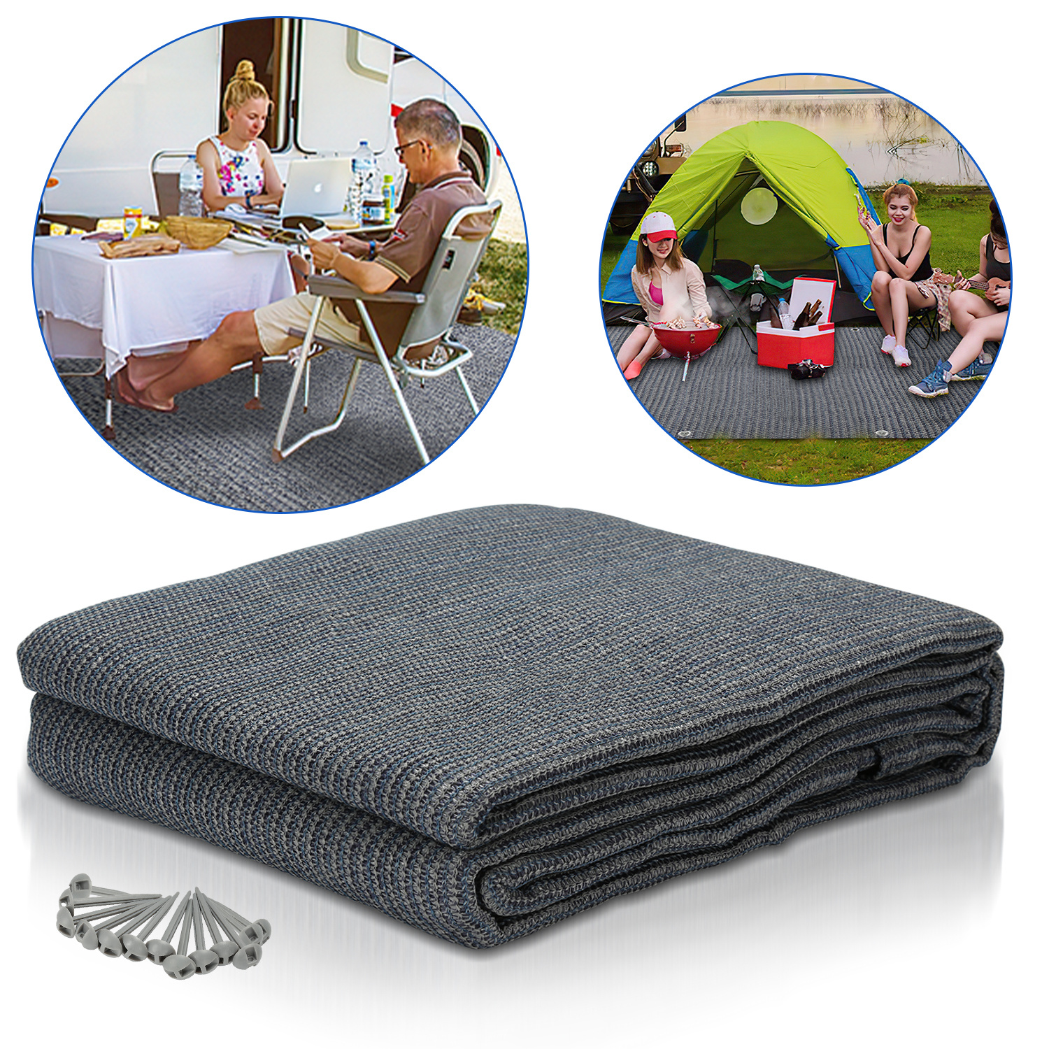 Tolletour Campingteppich Aus Hdpe, 240 G/m², Blaugrau - 250 X 350 Cm, 1 Teppich, Inkl. 13 Heringe, Uv-stabil, Beidseitig Nutzbar