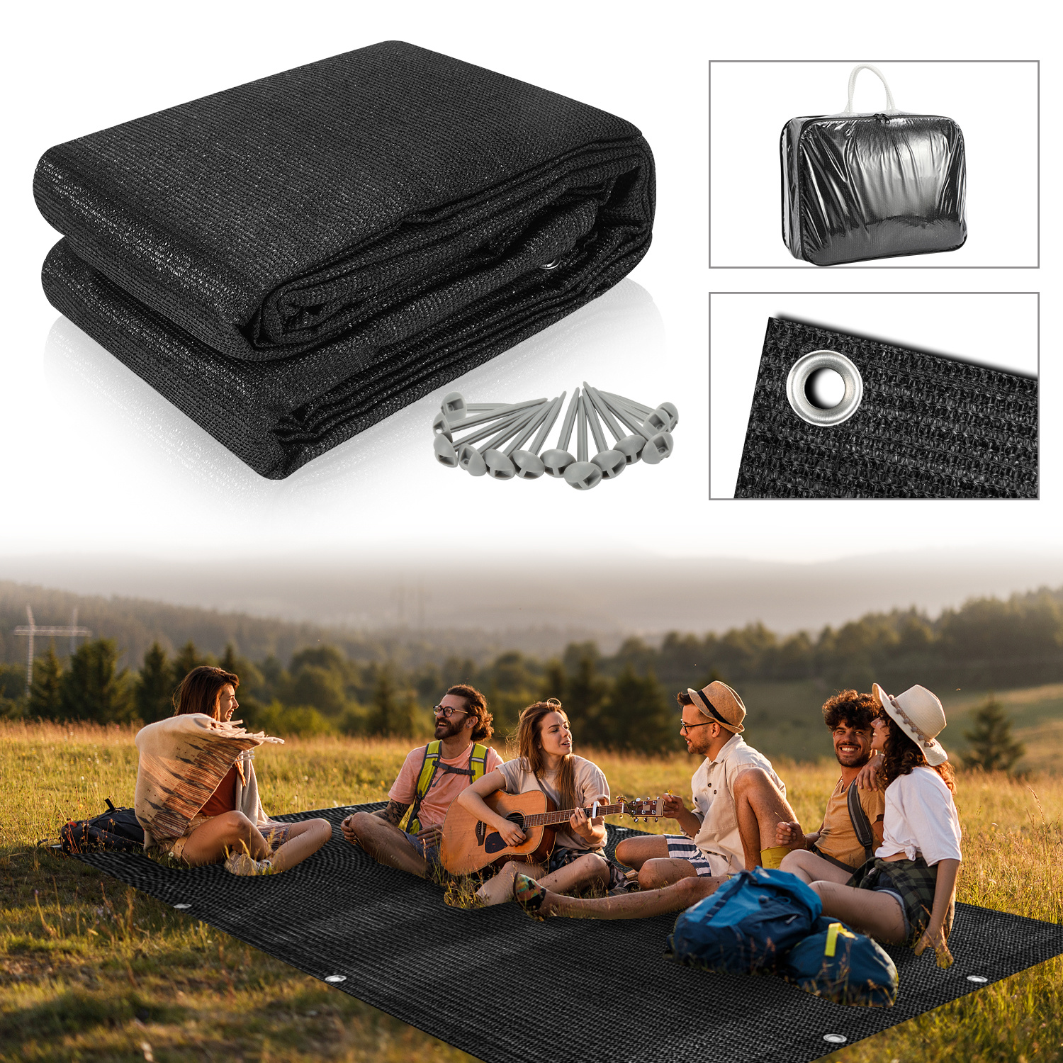 Tolletour Campingteppich Aus Hdpe, 240 G/m², Schwarz - 250 X 400 Cm, 1 Teppich, Inkl. 13 Heringe, Uv-stabil, Beidseitig Nutzbar
