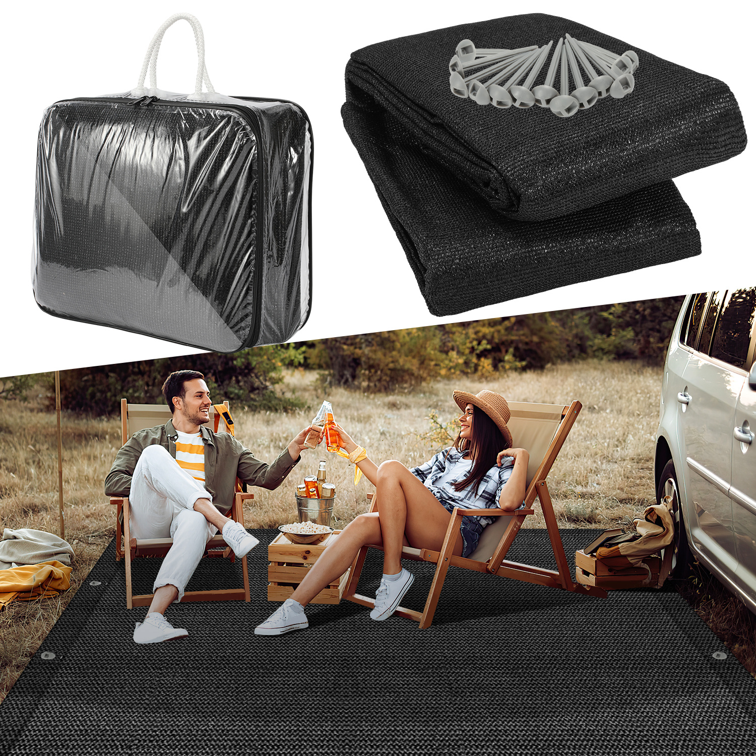 Tolletour Campingteppich Aus Hdpe, 240 G/m², Schwarz - 250 X 350 Cm, 1 Teppich, Inkl. 13 Heringe, Uv-stabil, Beidseitig Nutzbar