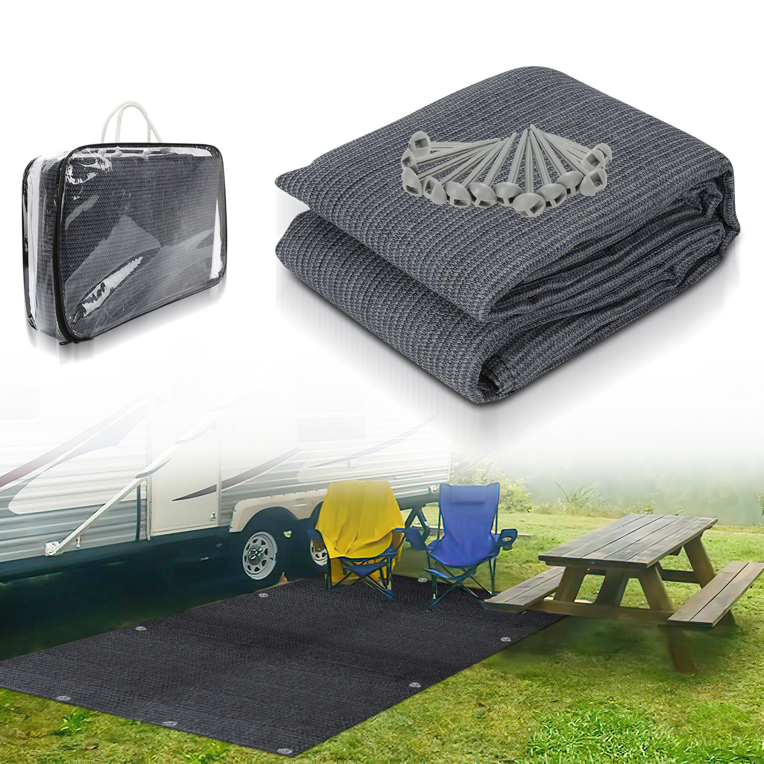 Tolletour Campingteppich Aus Hdpe, 240 G/m², Blaugrau - 300 X 400 Cm, 1 Teppich, Inkl. 13 Heringe, Uv-stabil, Beidseitig Nutzbar