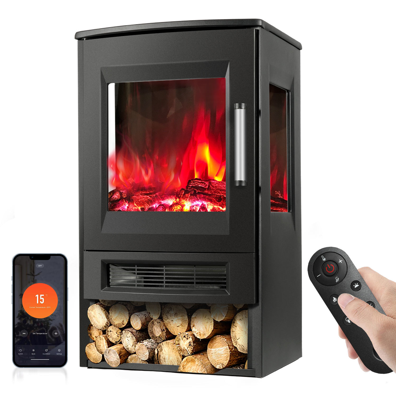 Tolletour Elektrokamin Mit Lcd Und Fernbedienung, 900/1800 W Standkamin Elektrisch, Schwarz