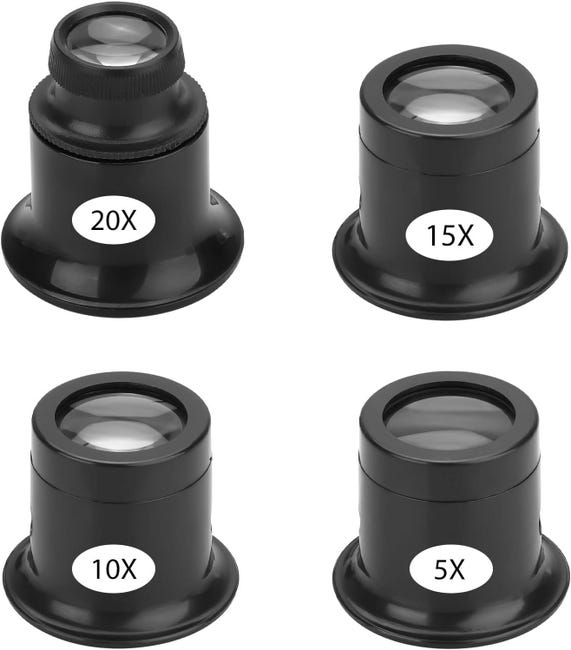 Set Mit 4 Tragbaren Juwelierlupen Und Uhrmacherlupen Mit Verschiedenen Vergrößerungen: 5x, 10x, 15x, 20x. Tragbare Vergrößerungsgläser Für Juweliere, Uhren Und Zeitmesser.