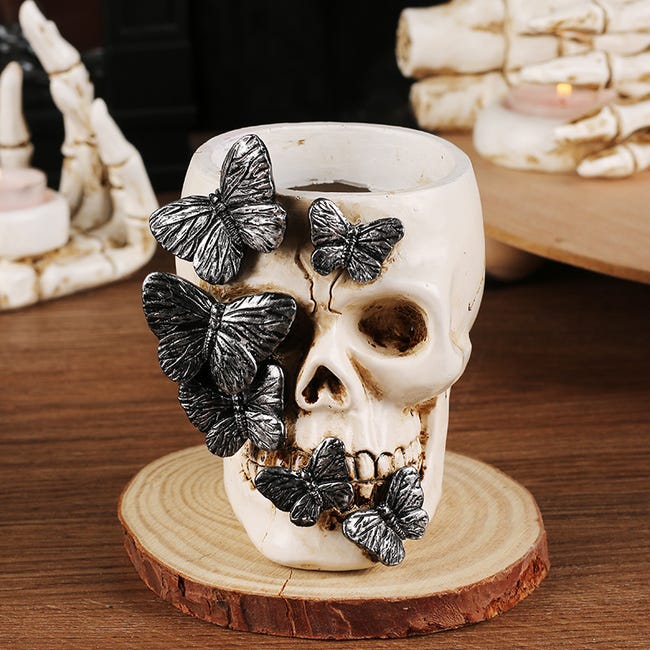 Totenkopf-stiftehalter Mit Gotischem Schmetterling, Multifunktionale Halloween-dekoration Aus Kunstharz