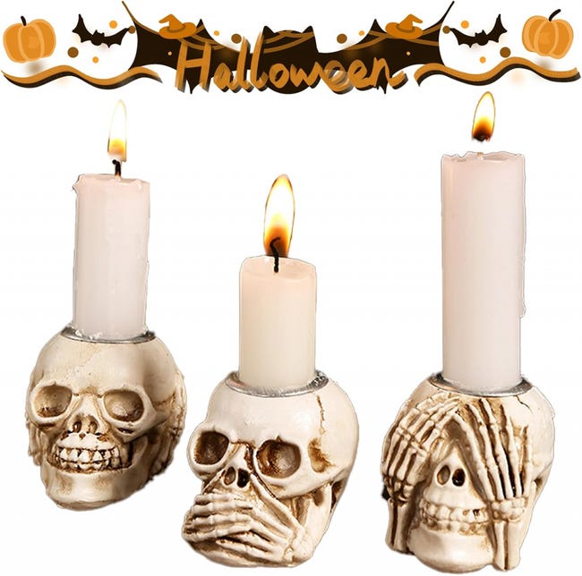 Set Mit 3 Totenkopf-kerzenhaltern Aus Kunstharz Für Halloween, Ideal Für Partydekorationen (teelichter Nicht Enthalten)