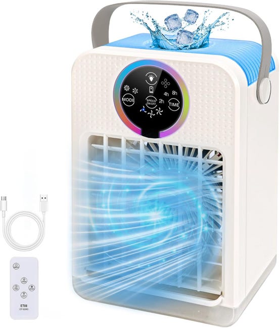 Tragbare Klimaanlage, Luftbefeuchter Und Luftkühler (700 Ml), 3 Geschwindigkeitsstufen, 7 Lichtfarben, Timer Und Fernbedienung.