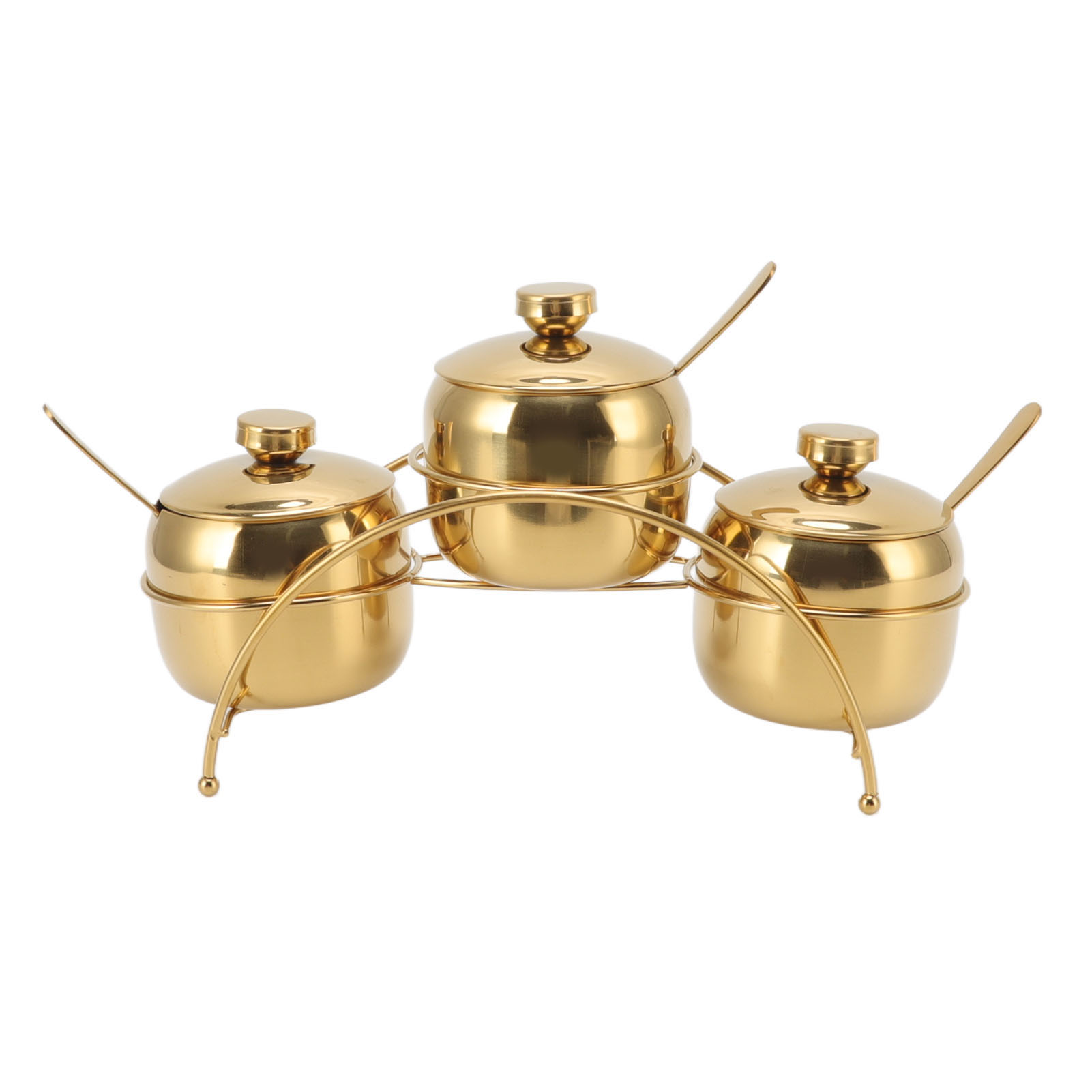 Gewürzset Aus Edelstahl (salz, Pfeffer Und Zucker) Mit Deckel Und Löffel, Goldener Aufbewahrungsständer