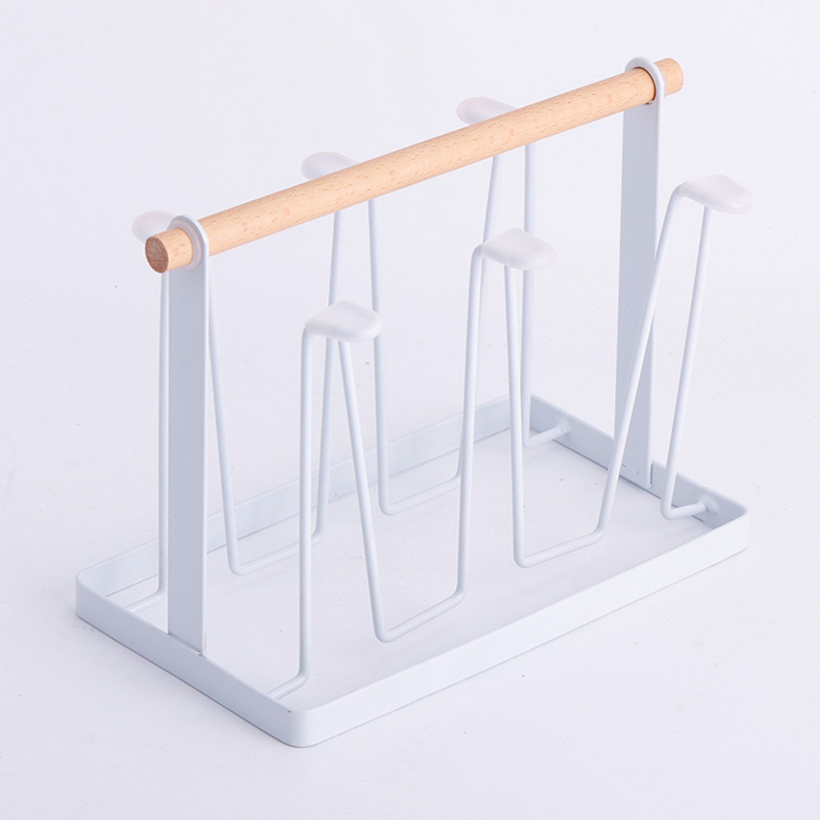 Abtropfgestell Mit 6 Haken, Holzgriff, Galvanisiertem Eisen, Elegantes Design, Platzsparend, 13 X 23,5 X 18,5 Cm, Weiß. Ideal Für Zuhause Und Büro.