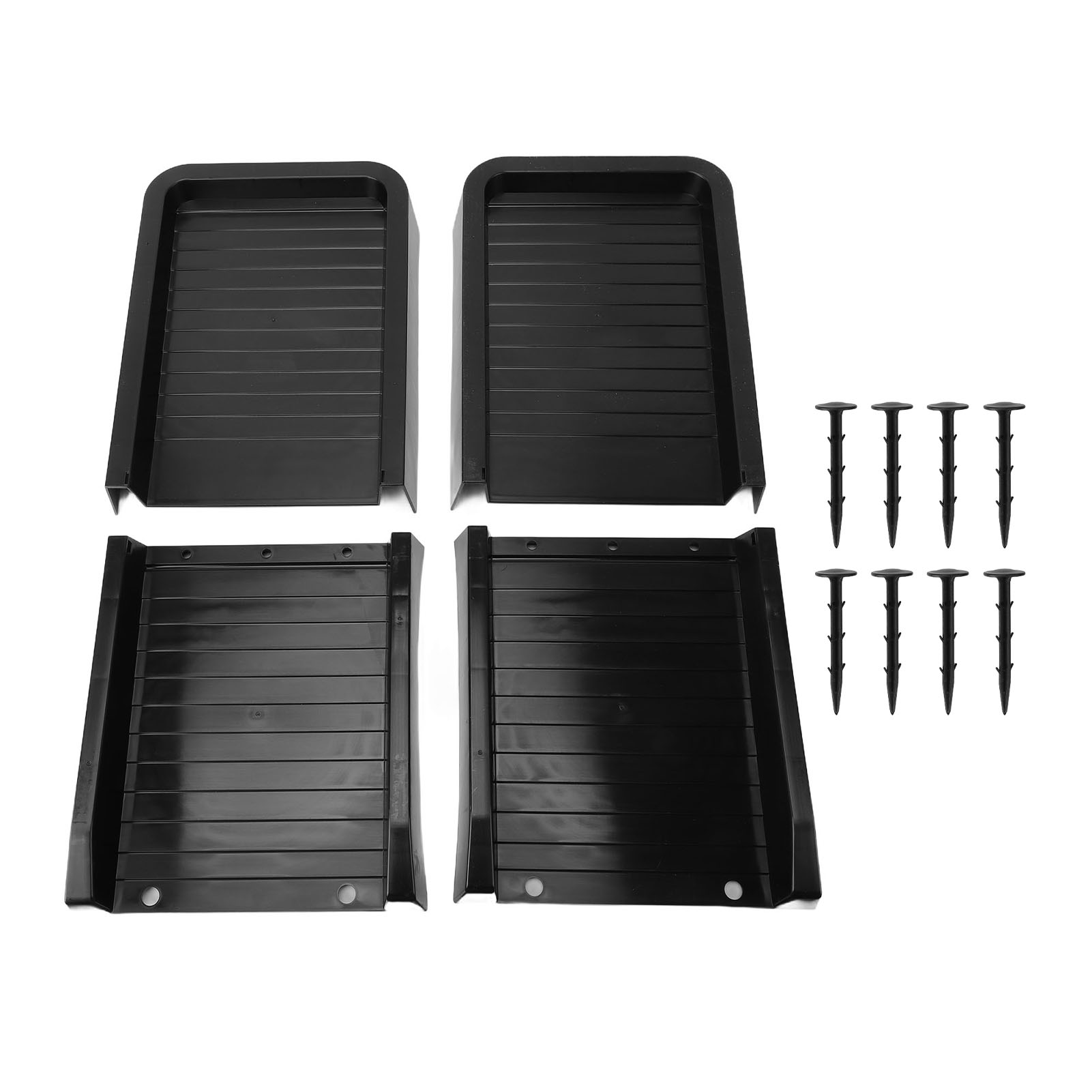 Set Aus 2 Schwarzen Spritzschutzblöcken Für Dachrinnenfallrohre, Inklusive Befestigungsnägeln Für Den Boden.