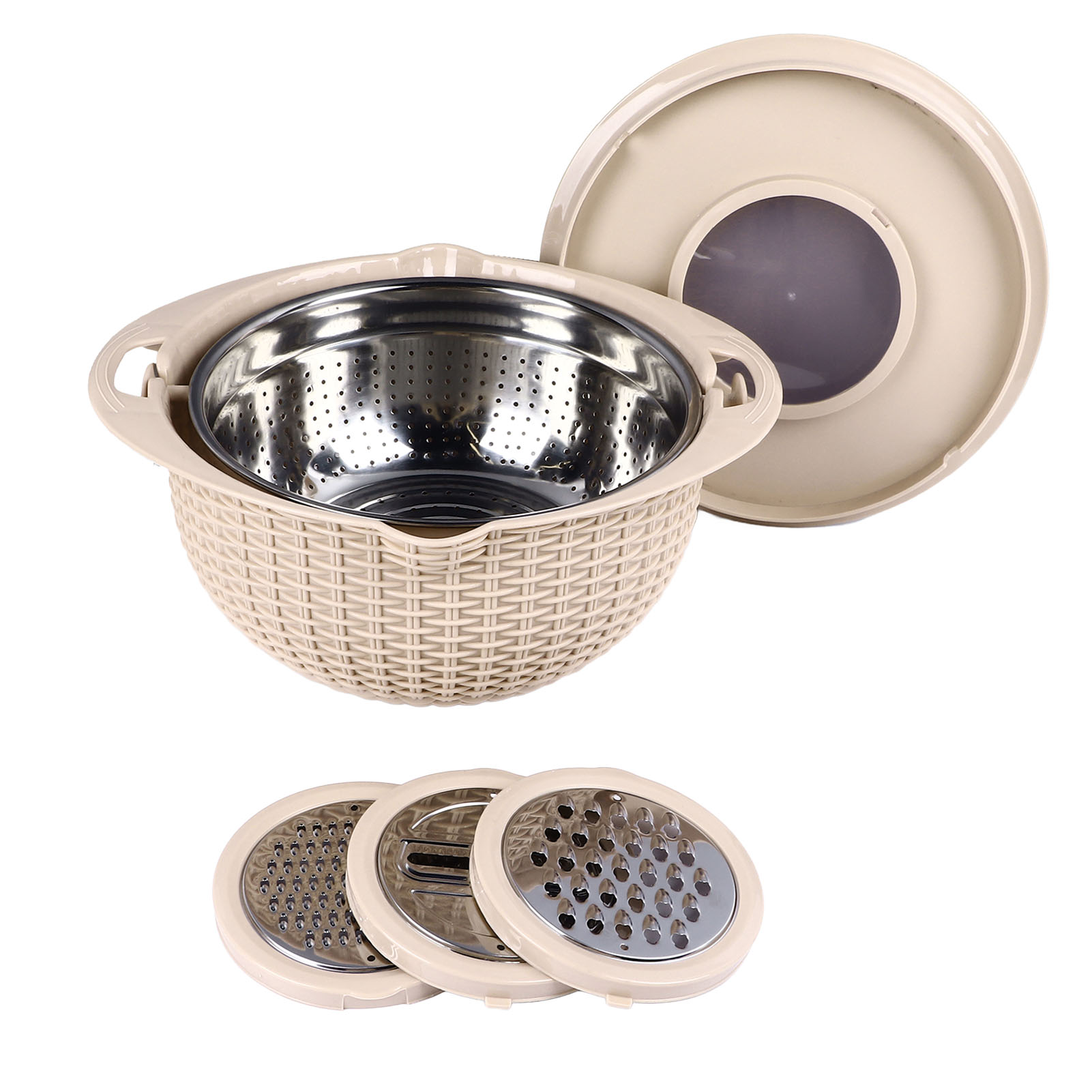4-in-1-sieb Mit Schneidwerkzeugen, Drehbarem Siebeinsatz, 2 Fächern, Edelstahl, Ergonomischem Griff, Vielseitig, Beige