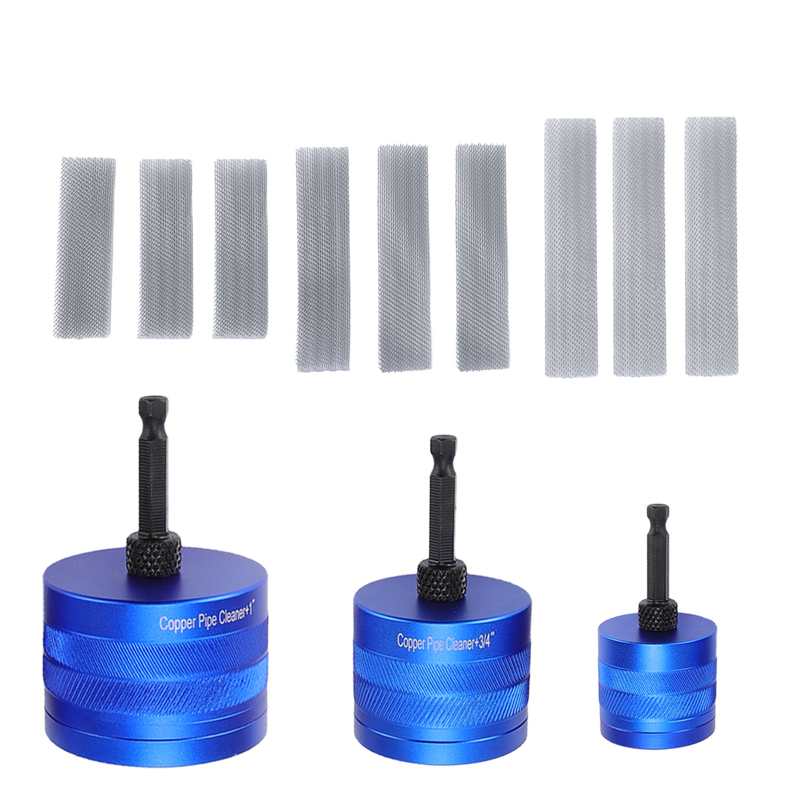 Set Mit 3 Kupferrohrreinigern (1/2", 3/4" Und 1") Zum Polieren Und Entlacken. Metall-werkzeugset Für Sanitärinstallationen Mit 1/4"-sechskantschaft Und 9 Blauen Ersatzbürsten.
