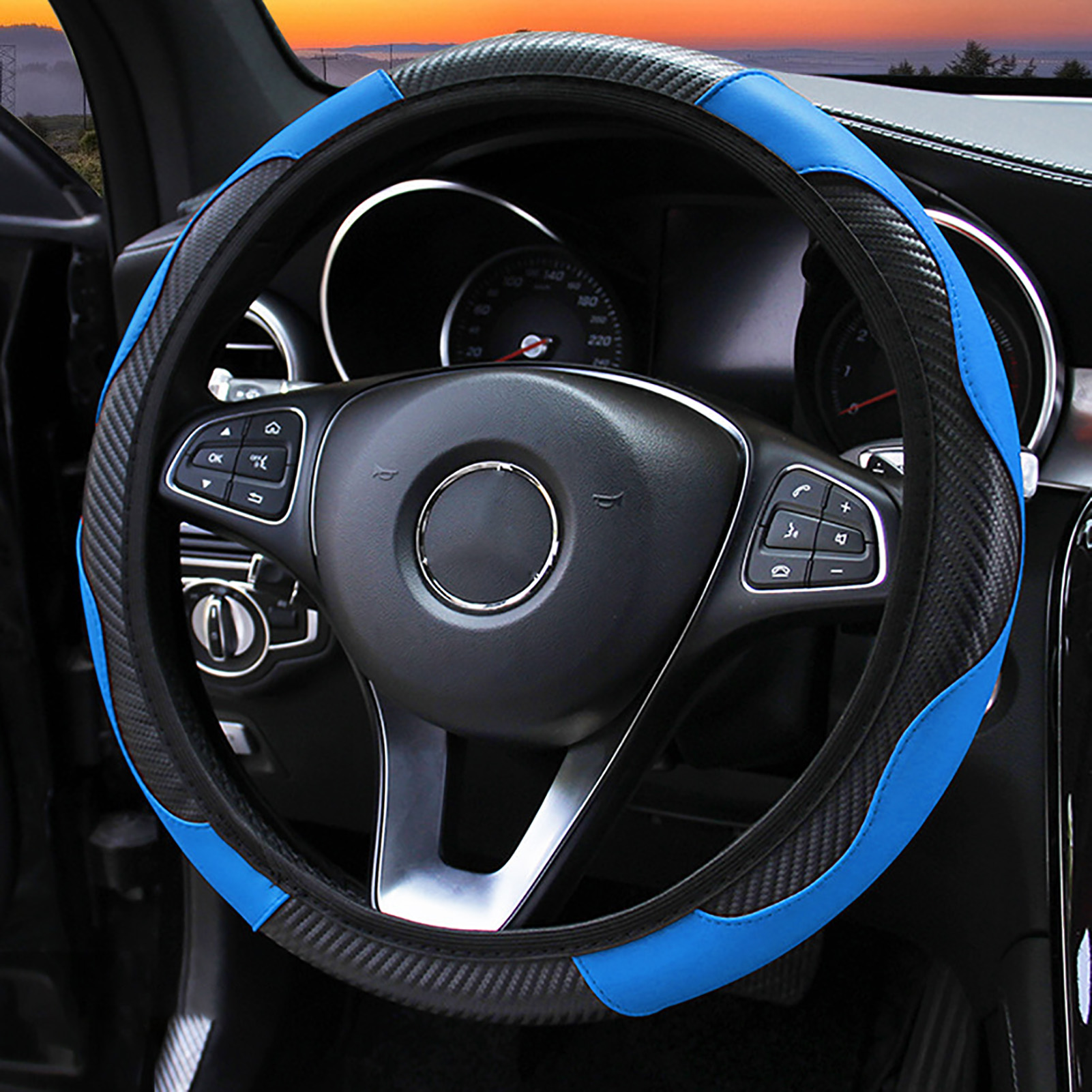 38 Cm Lenkradbezug In Carbonfaser-optik, Rutschfester Elastischer Griff Für Autos, Schwarz Und Blau
