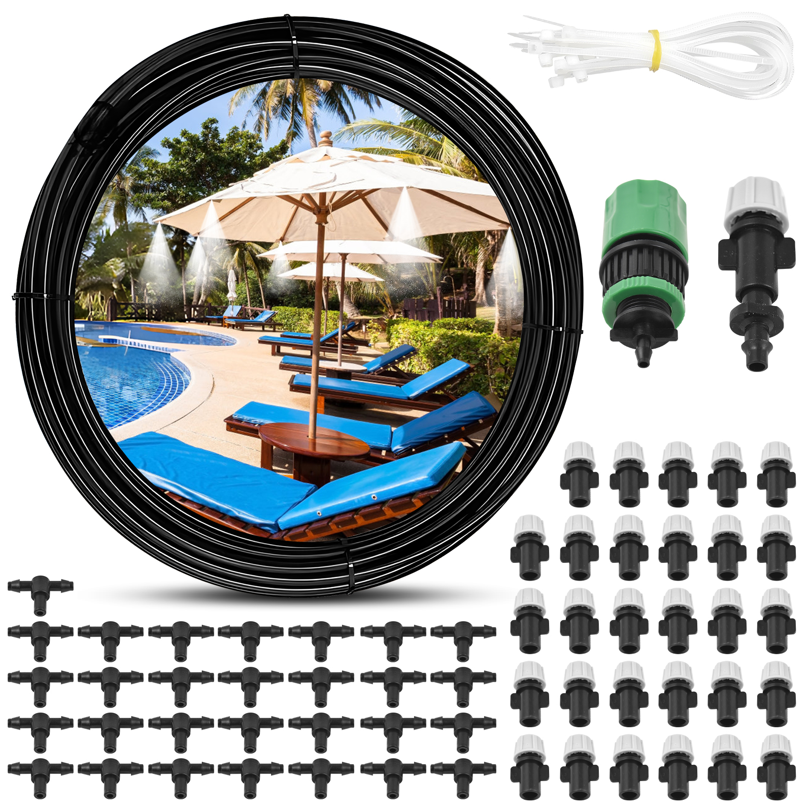 Erfrischendes Wassernebelsystem Für Den Außenbereich, 30 M Schlauch / 16 Messing-sprühdüsen / 3/4-zoll-adapter, Sprühnebel Für Terrasse, Garten, Hof, Gewächshaus, Trampolin Und Wasserpark.