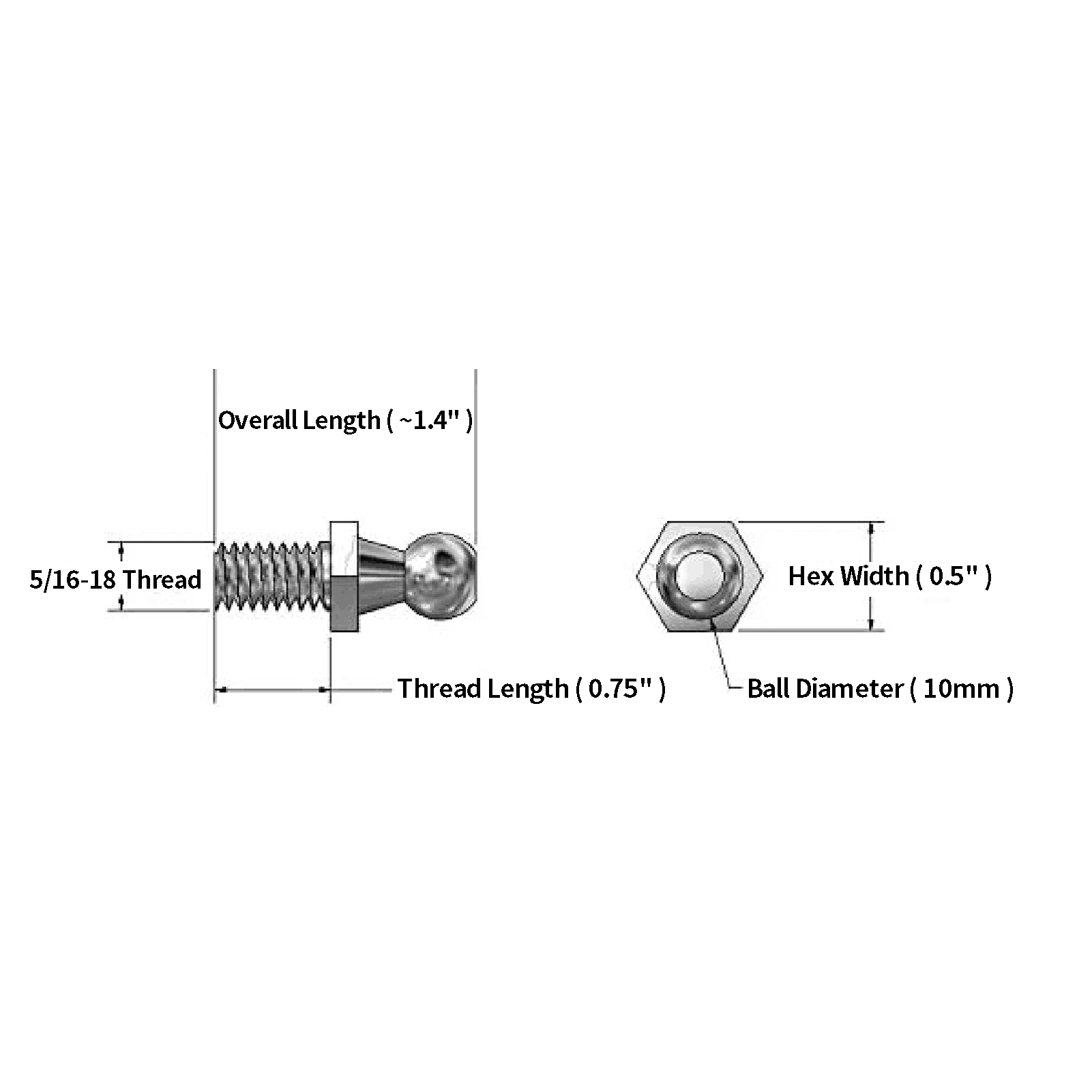 10-mm-kugelgelenkbolzen Mit Schrauben – 5/16-18 Gewinde X 3/4" Lange Stange Für Gasfeder (4er-packung)