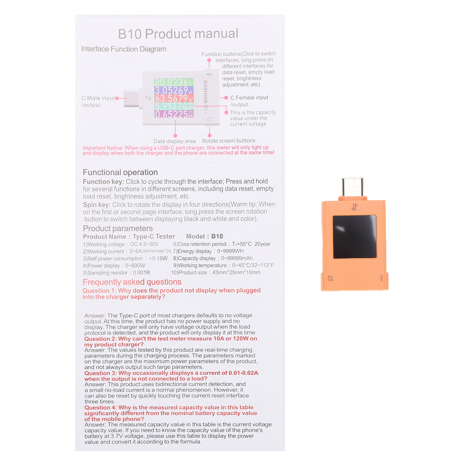 B10 Orange Multi-protokoll Usb-c Schnellladetester Mit Farbdisplay Und Maximaler Datenprotokollierung Für Handy- Und Laptop-ladegeräte